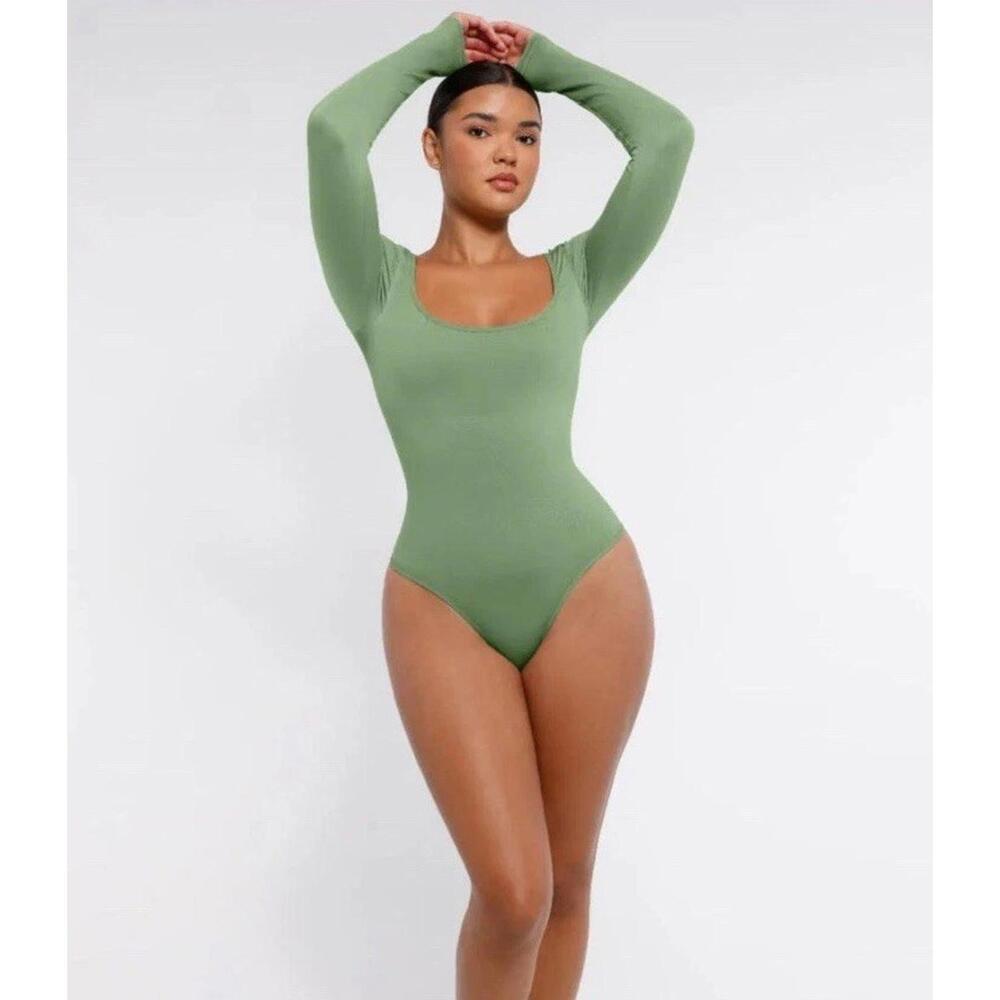 Long Sleeve Sage Green Thong Bodysuit 360 Waist Control Square Neck Sz 2XL